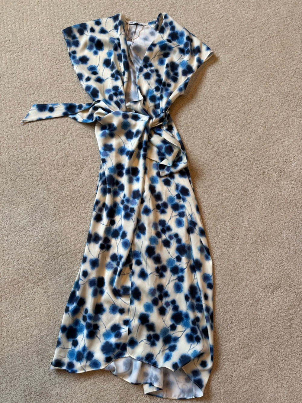 Zara Blue and Cream Floral Wrap Maxi Dress